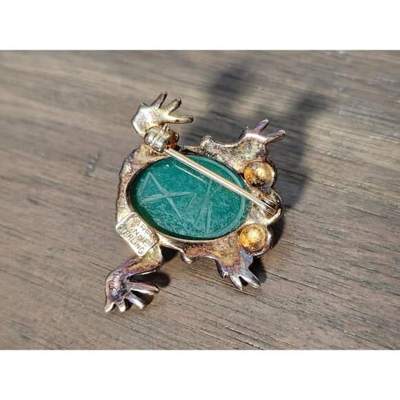Vintage Karen Lynne Signed Gold Plate over Sterling Green Scarab Frog Brooch/Pin - Picture 2 of 3